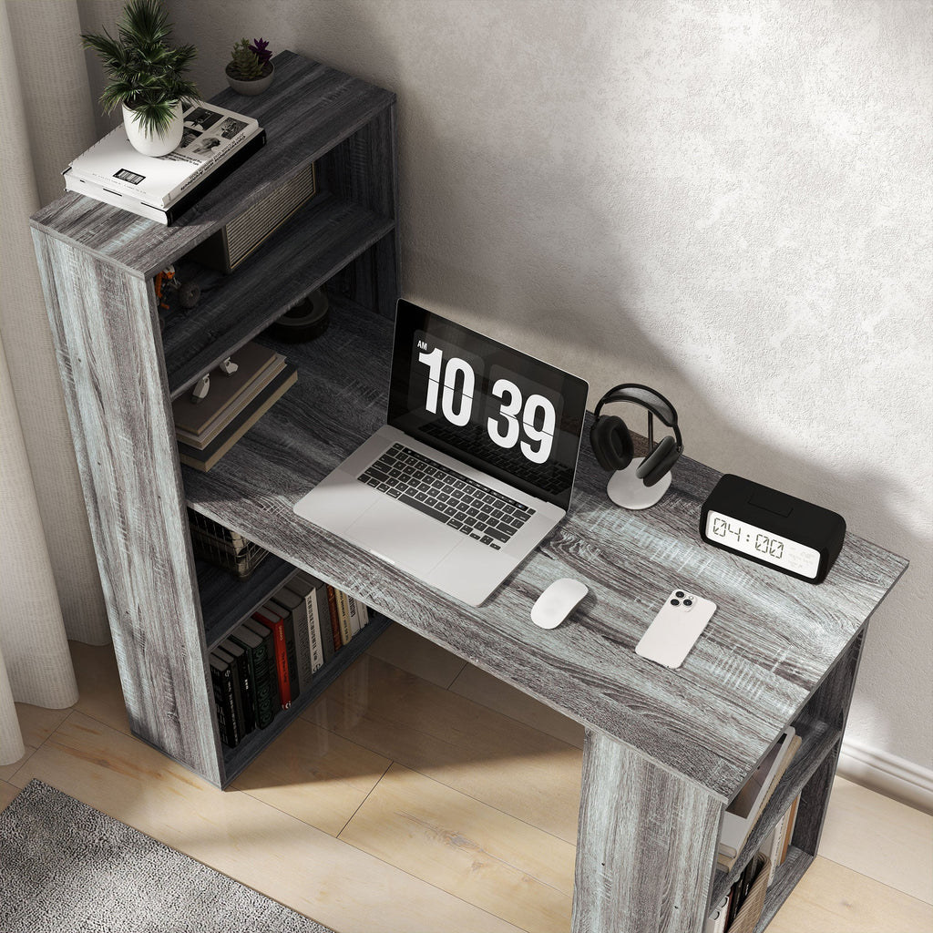 120cm Modern Computer Desk Bookshelf Study Table Workstation PC Laptop Writing Home Office 6 Shelves, Grey Wood-Effect