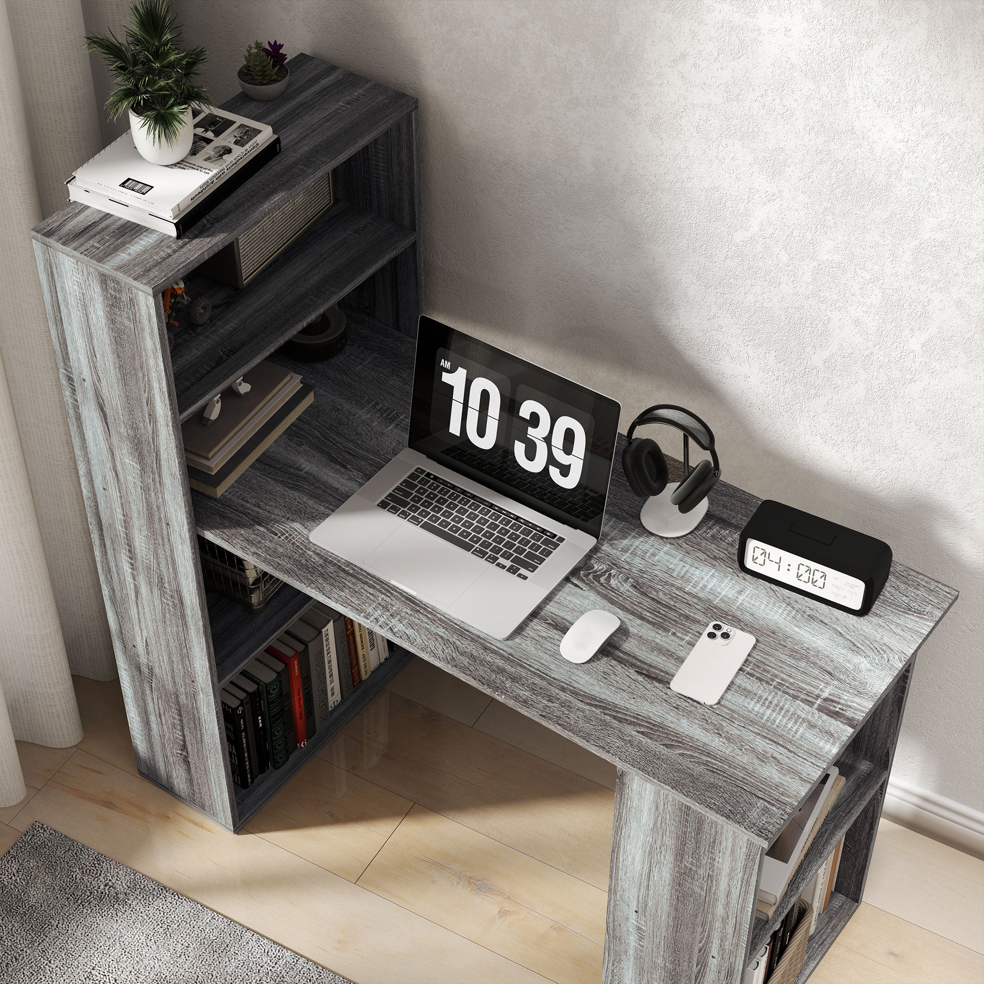 120cm Modern Computer Desk Bookshelf Study Table Workstation PC Laptop Writing Home Office 6 Shelves, Grey Wood-Effect