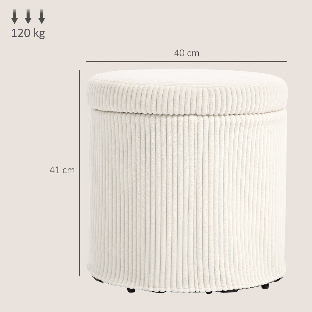 40cm Round Storage Ottoman, Corduroy Footstool with Removable Lid and Legs, Vanity Stool for Living Room, Bedroom, Beige