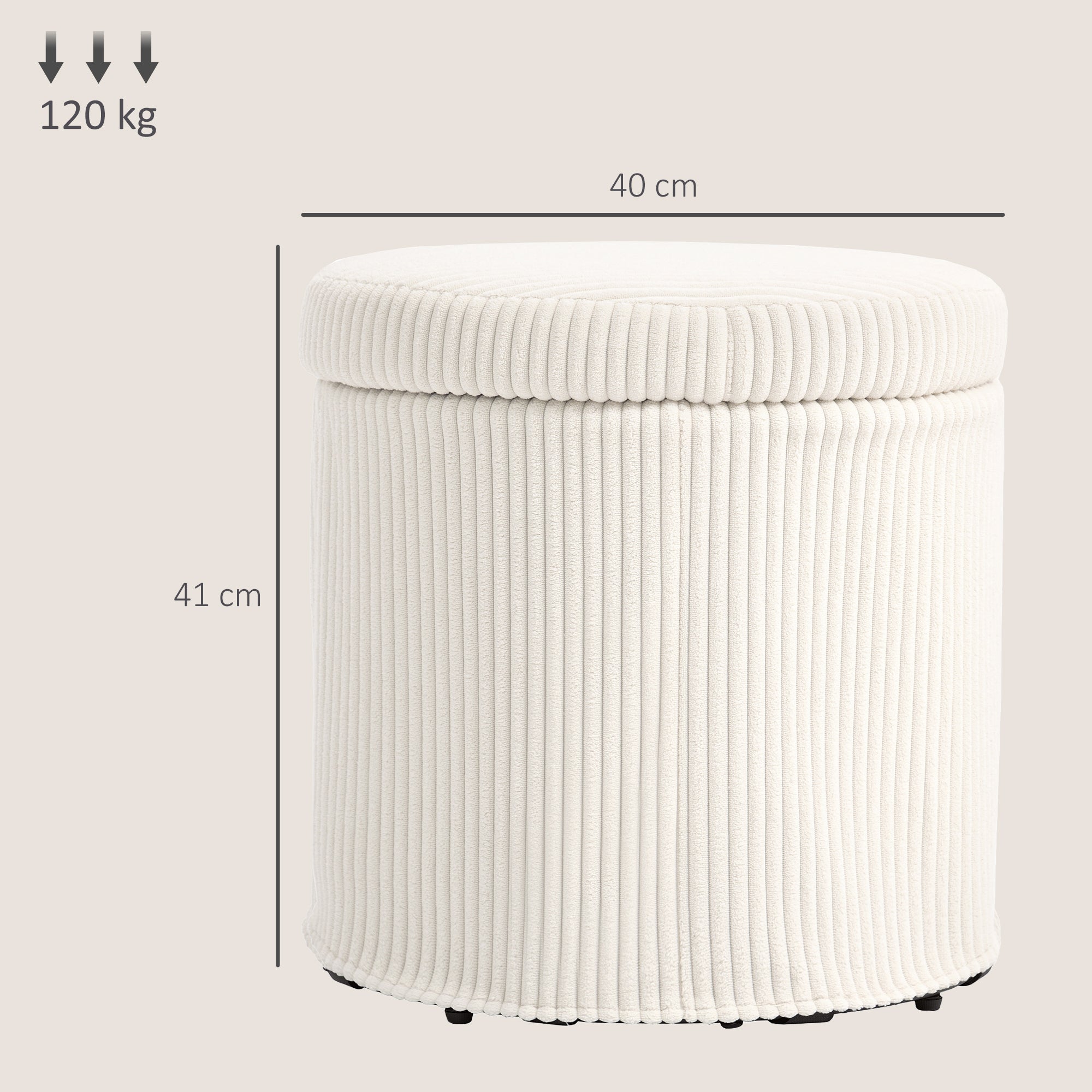40cm Round Storage Ottoman, Corduroy Footstool with Removable Lid and Legs, Vanity Stool for Living Room, Bedroom, Beige