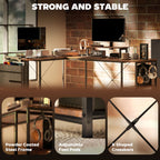 168cm Reversible L Shaped Desk, Industrial Corner Computer Desk with Adjustable Shelf and Storage Bag, 240cm 2 Person Desk with Monitor Stand, Rustic Brown