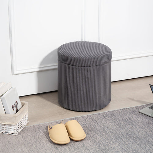40cm Round Storage Ottoman, Corduroy Footstool with Removable Lid and Legs, Grey