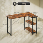 L Shaped Desk, Corner Computer Desk with Bookshelf for Home Office, Study Room, Workstation, 120 x 73.2 x 75cm, Rustic Brown
