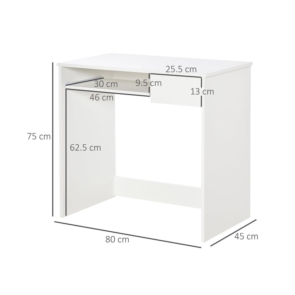 Compact Computer Desk with Keyboard Tray, Home Office Desk with Drawer for Bedroom Study, White