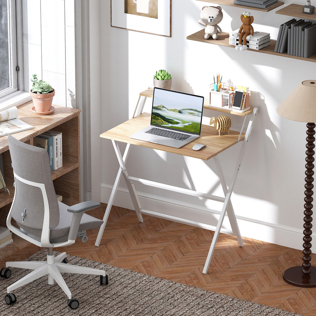 Folding Computer Desk with Monitor Shelf - Natural Wood Finish 81.5 cm Natural wood finish