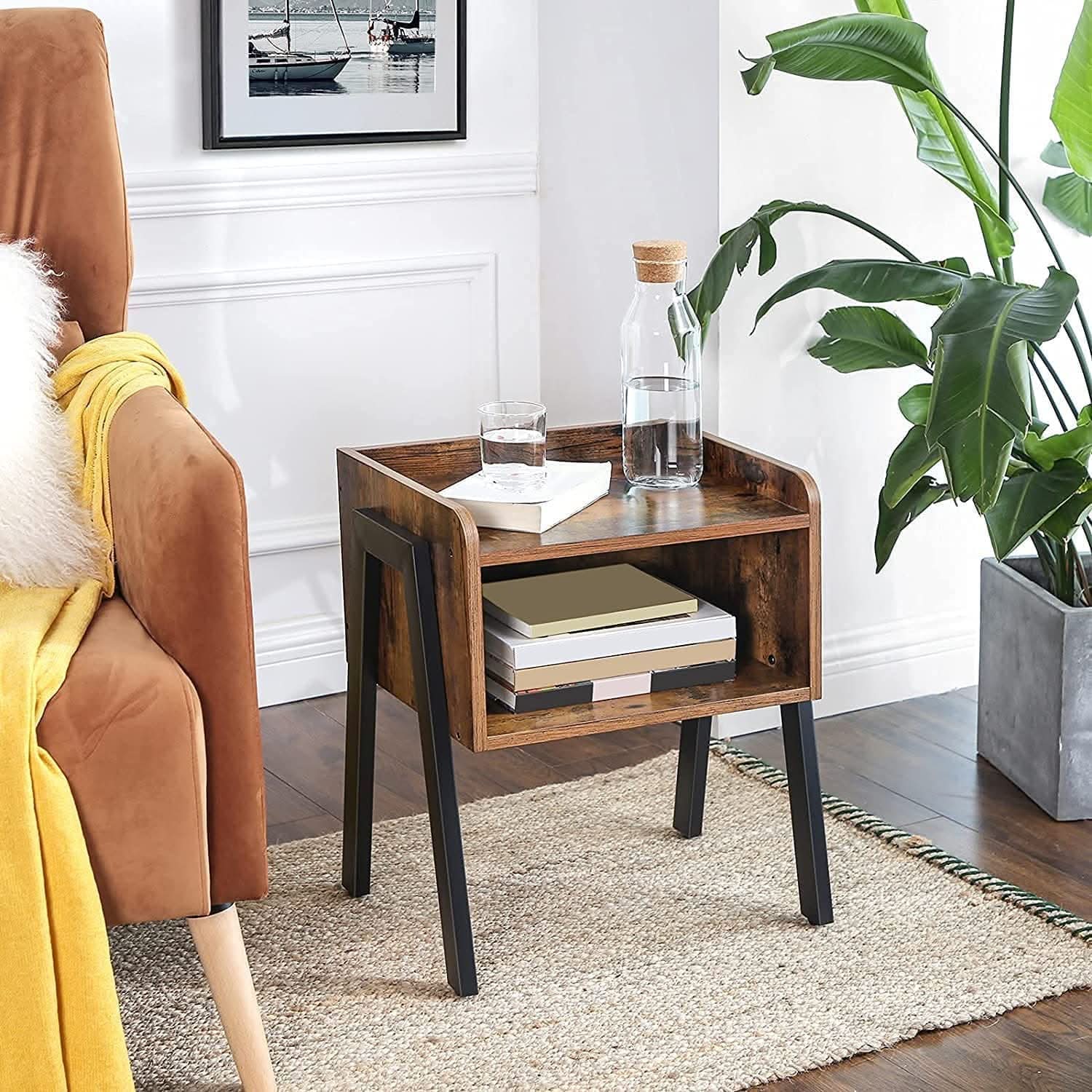 Classic Mahogany Side Table with Open Storage and Steel Legs