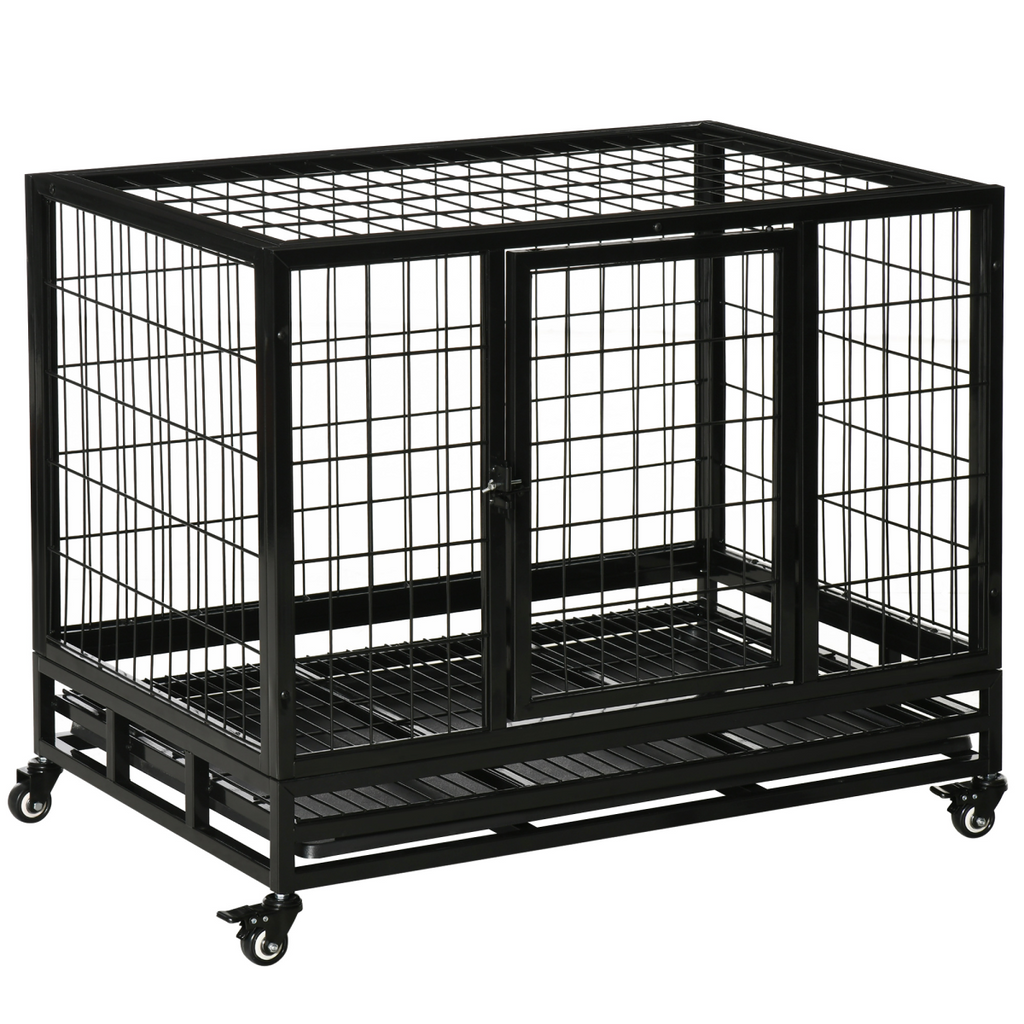 36 inch Heavy Duty Metal Dog Crate Pet Cage with Tray Wheeled Dog Kennel - Black (Medium)