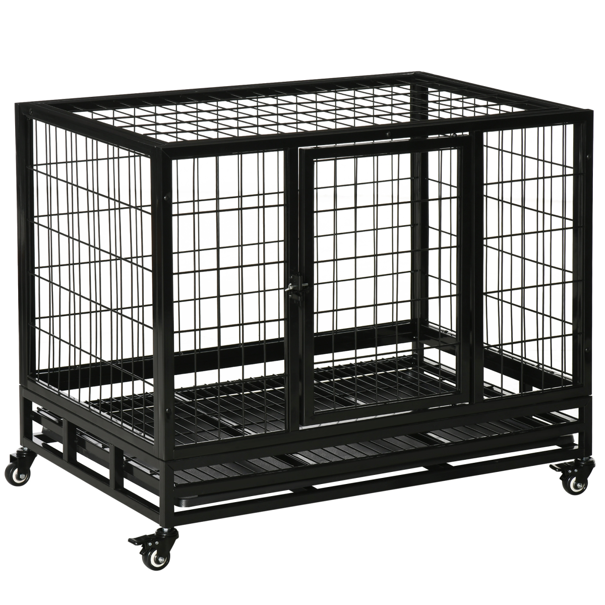 36 inch Heavy Duty Metal Dog Crate Pet Cage with Tray Wheeled Dog Kennel - Black (Medium)