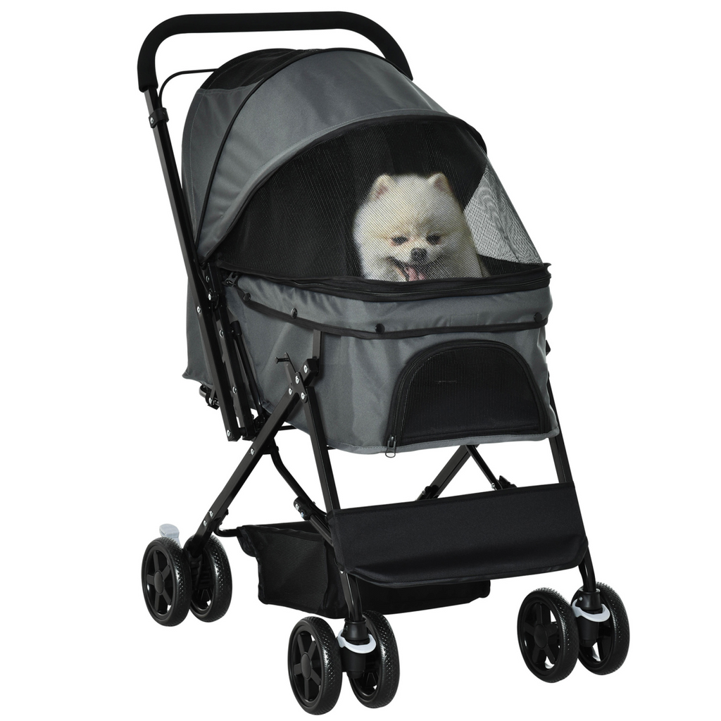 Pet Stroller - Foldable Dog Carriage w/ Reversible Handle - Grey