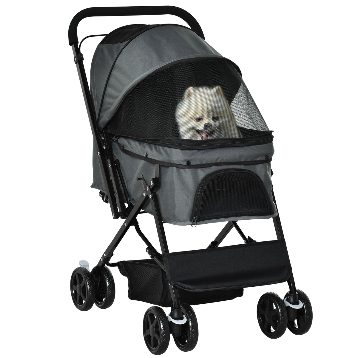 Pet Stroller - Foldable Dog Carriage w/ Reversible Handle - Grey