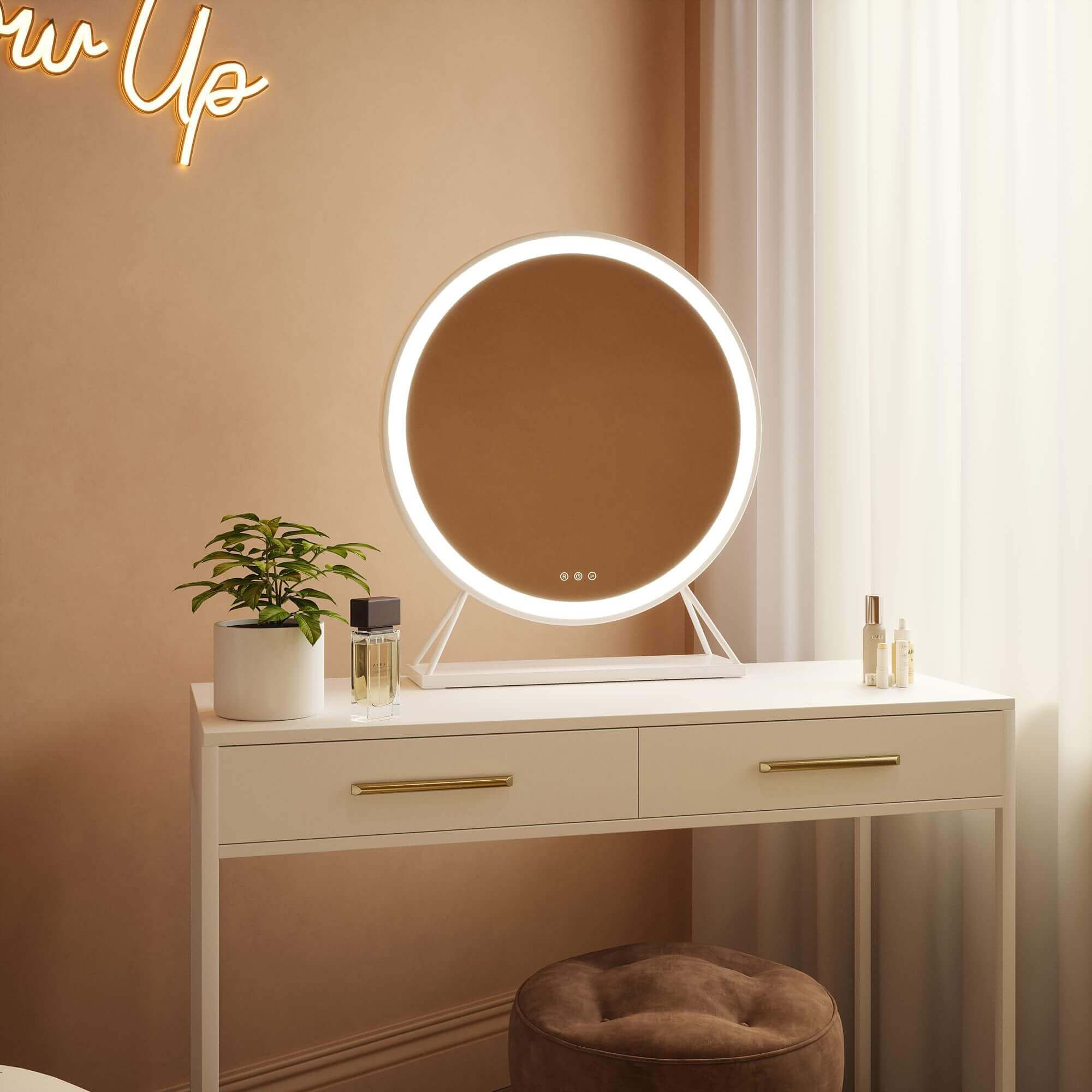Round Vanity Face LED Mirror White 60x67cm