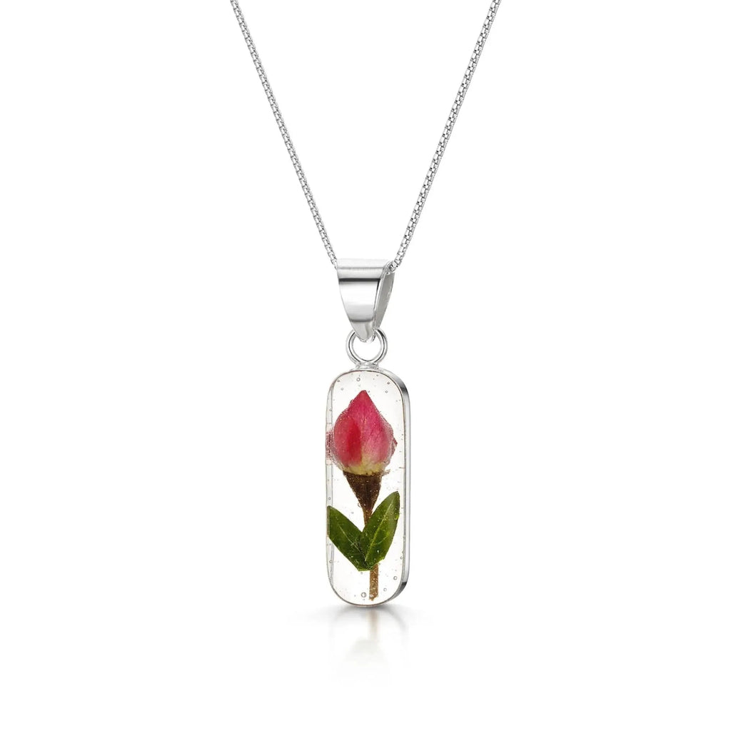 Miniature Rose Oval Pendant Necklace Sterling Silver