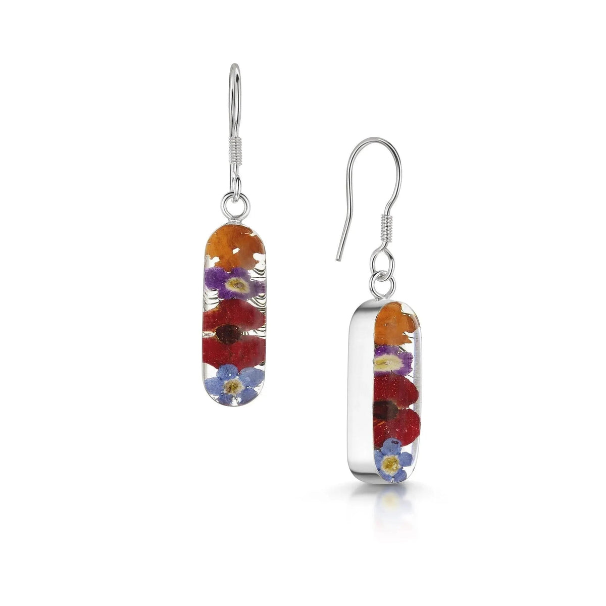 Mixed Flower & Poppy Vertical Bar Drop Earrings Sterling silver