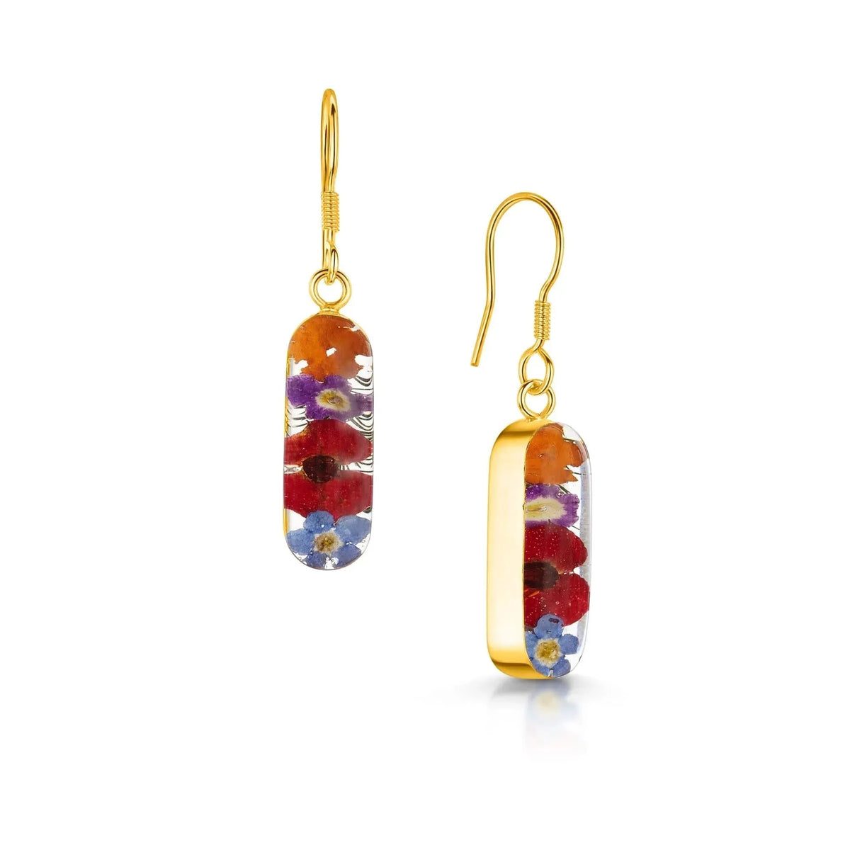 Mixed Flower & Poppy Vertical Bar Drop Earrings Gold-plated sterling silver