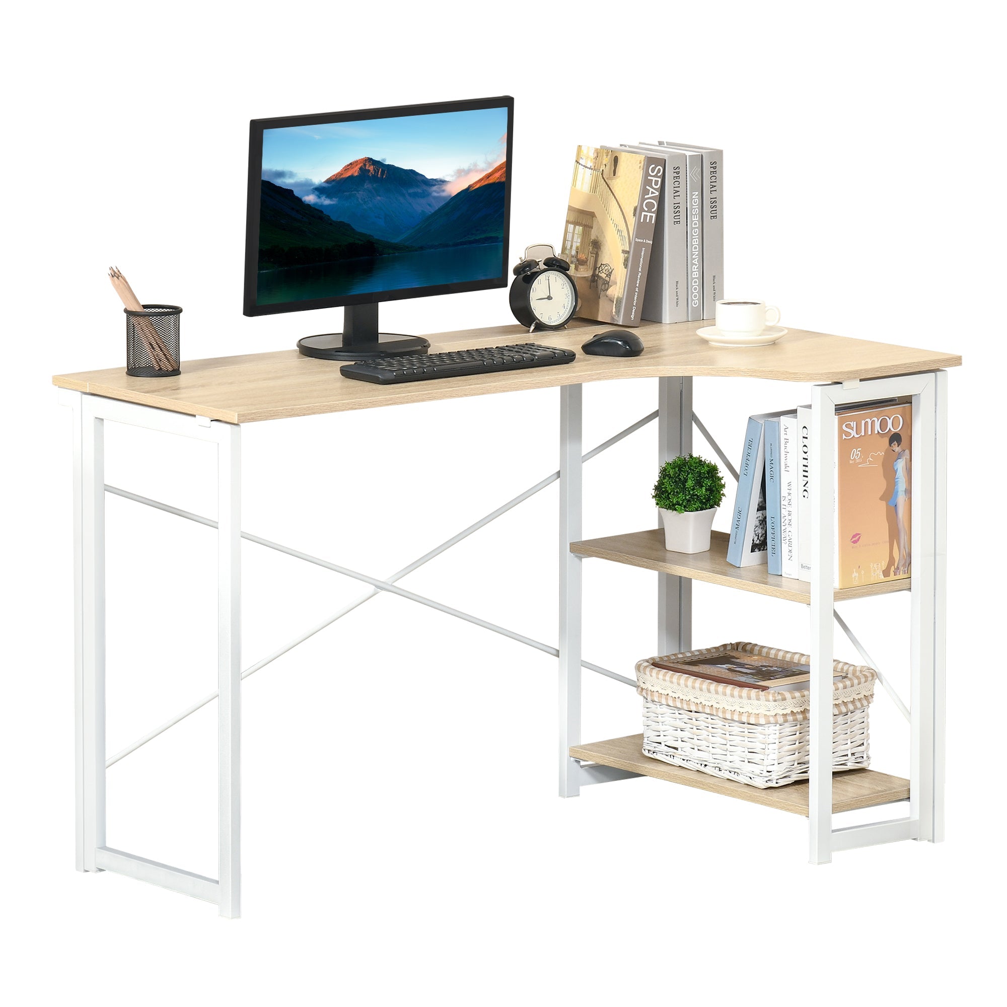 Folding Desk, L Shaped Desk, Corner Computer Desk with 2-Tier Storage Shelf for Home Office, Study Room, Workstation, Easy Assembly, 120 x 72.5 x 76.5cm, Oak Tone Oak