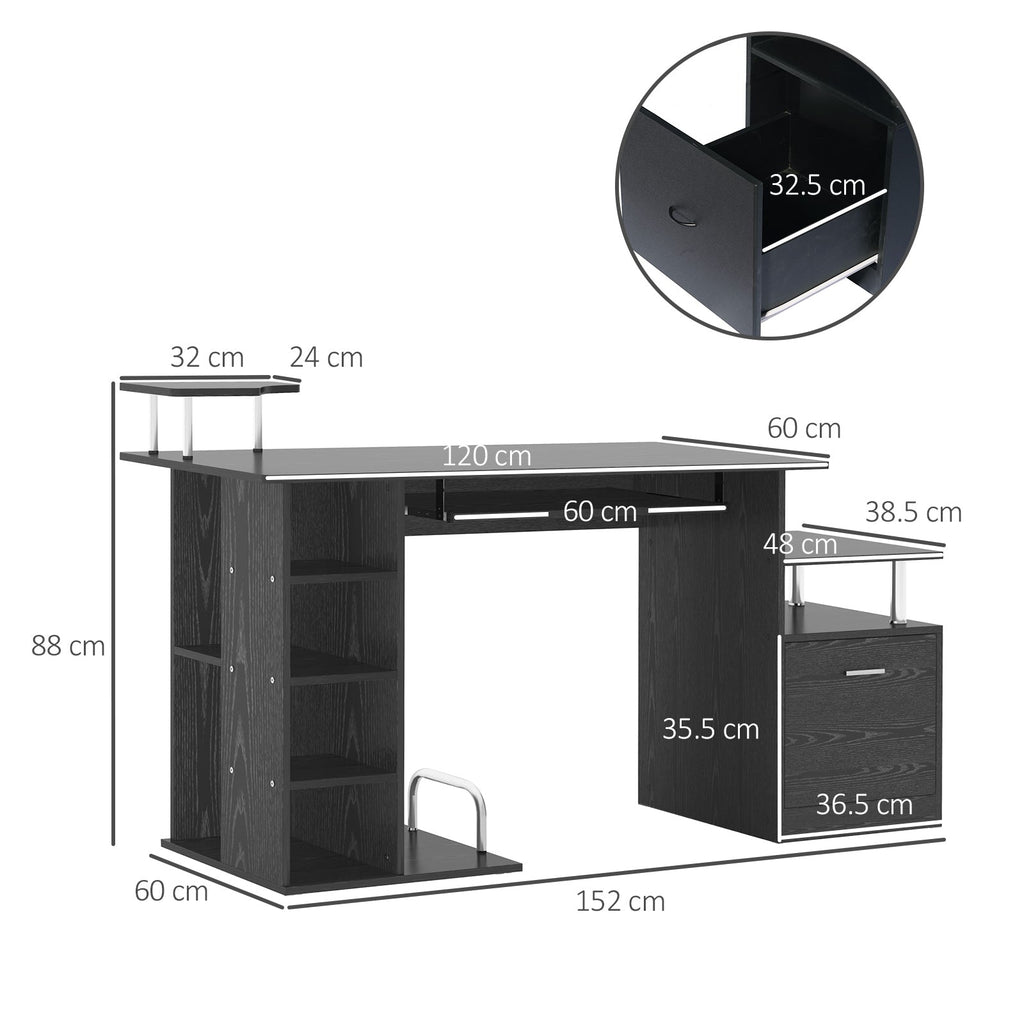 Computer Desk PC Workstation with Drawer, Shelves and CPU Storage Rack, Home Office Furniture, 152 x 60 x 88cm, Black with Wood Grain