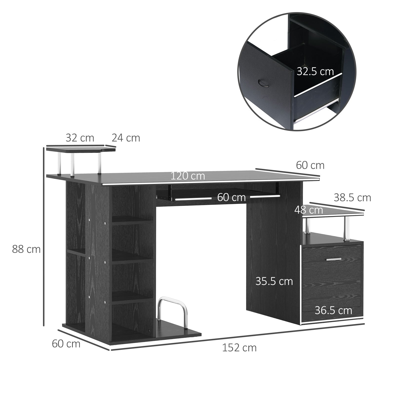 Computer Desk PC Workstation with Drawer, Shelves and CPU Storage Rack, Home Office Furniture, 152 x 60 x 88cm, Black with Wood Grain
