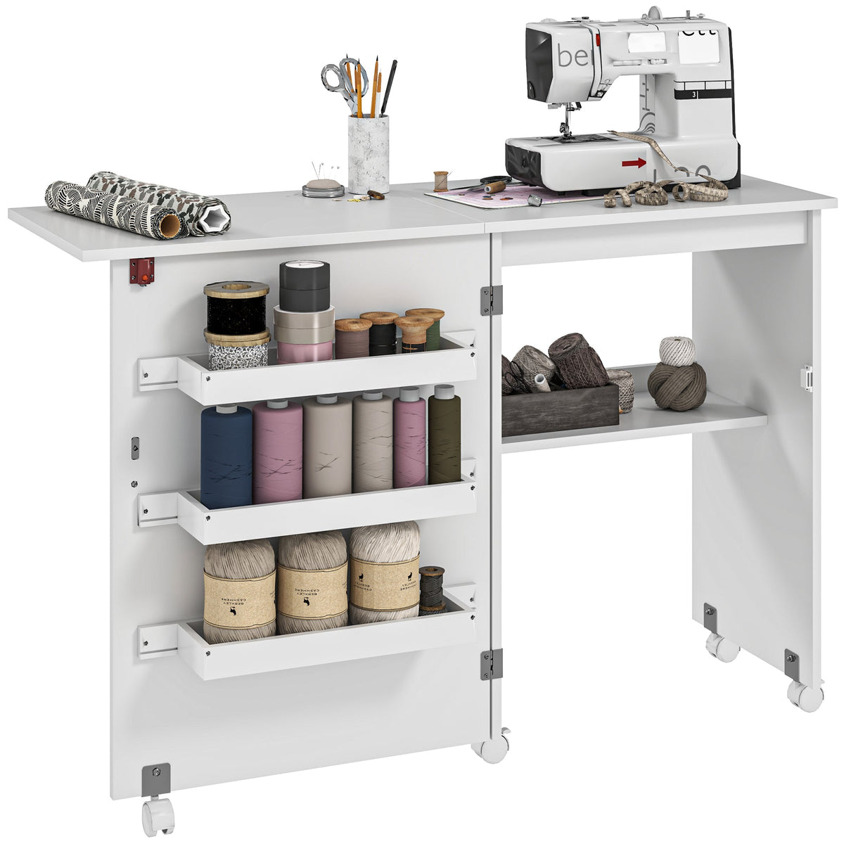 Folding Sewing Table Rolling Craft Table with Drop Leaf Wheels White
