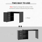 L Shaped Computer Desk, Reversible Home Office Desk with Drawers, File Cabinet and Storage Shelves, Study Table, 117 x 83.5 x 76cm, Black