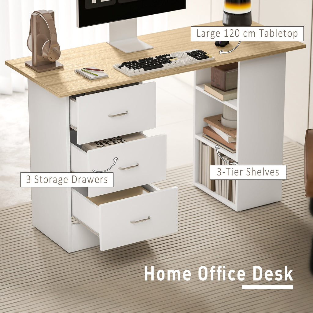 Computer Desk, Writing Table, PC Workstation with 3 Storage Shelves and Drawers, Silver Handle, for Home Office, Natural Wood Finish and White