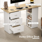 Computer Desk, Writing Table, PC Workstation with 3 Storage Shelves and Drawers, Silver Handle, for Home Office, Natural Wood Finish and White