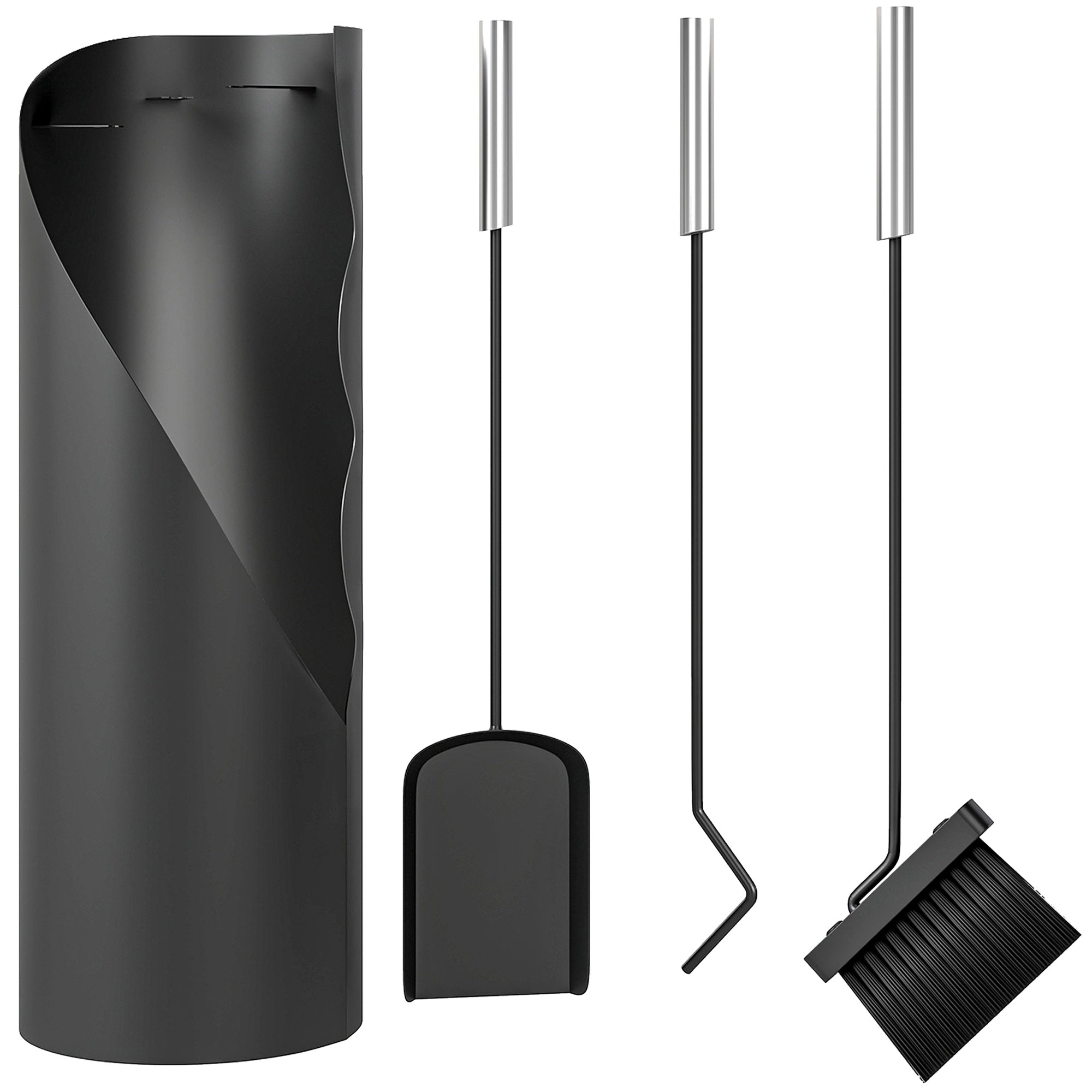4 Piece Fireplace Tools Set, Metal Fireplace Accessories with Broom, Shovel, Poker, Bucket, Silver