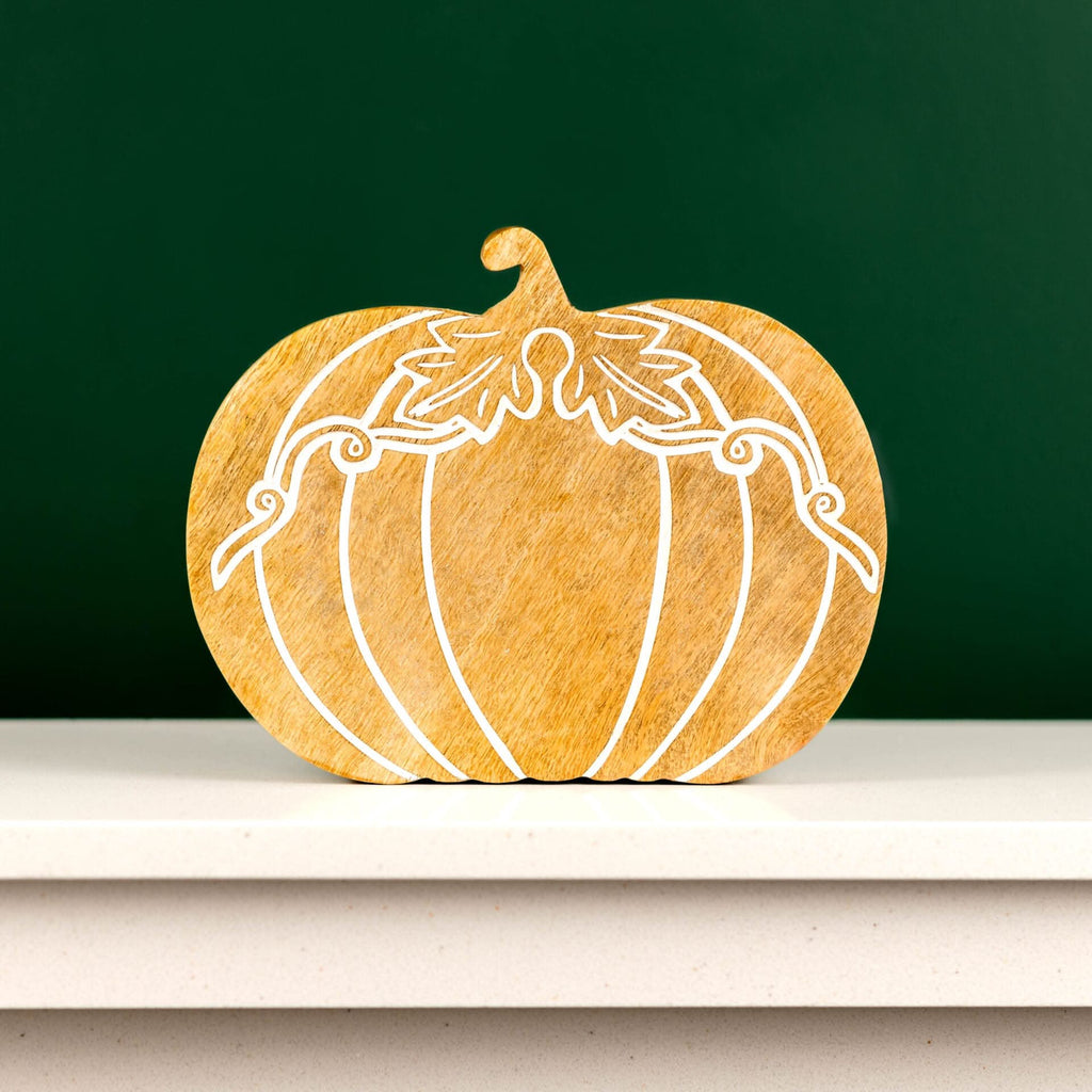 Autumn Wooden Pumpkin Ornament Handmade Mango Wood Décor 25cm