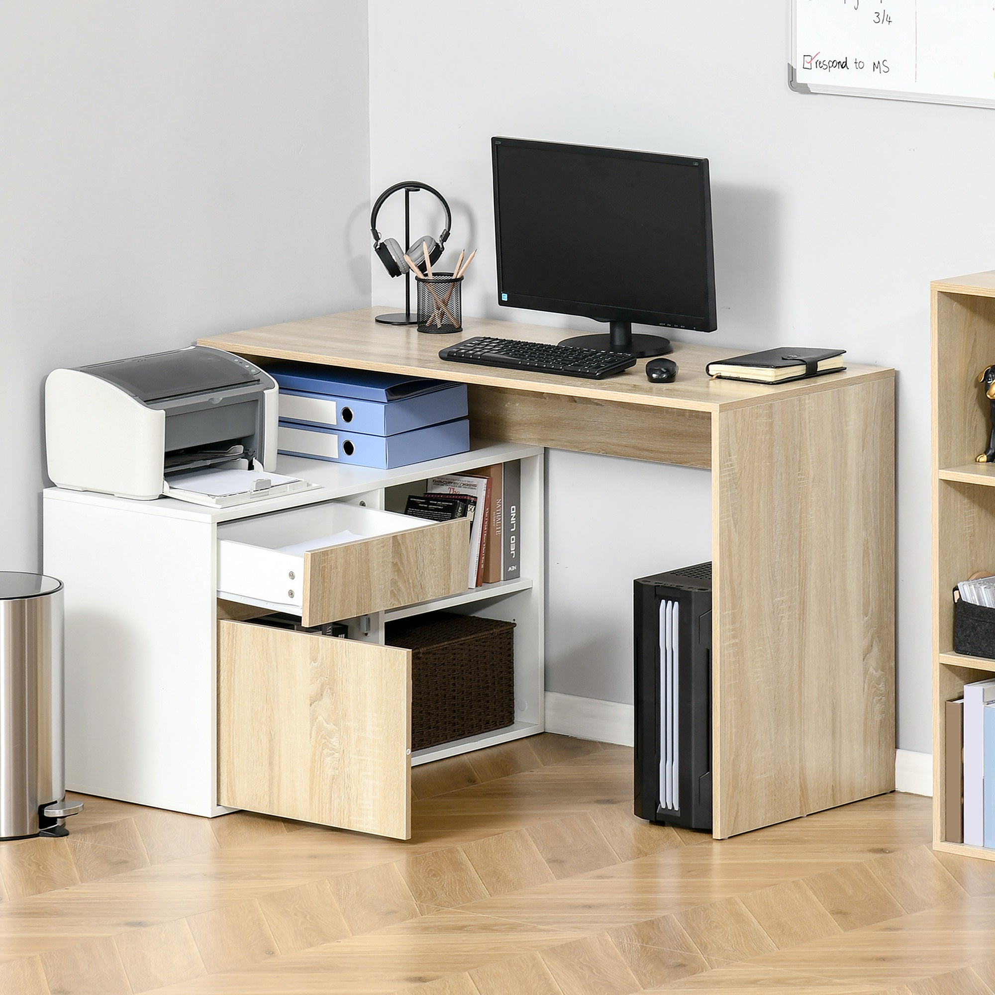 L-Shaped Desk, Corner Computer Desk with Storage Drawer, Adjustable Shelf, Cabinet for Home Office and Study, 120 x 92 x 75cm, Oak and White