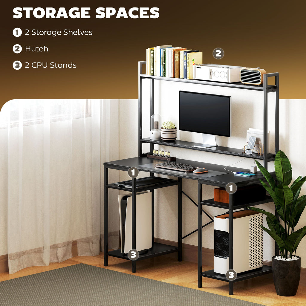 Computer Desk with Power Outlets and LED Lights, Home Office Desk with Monitor Stand and 2 CPU Stands, Study Table Gaming Desk with Hutch, Black