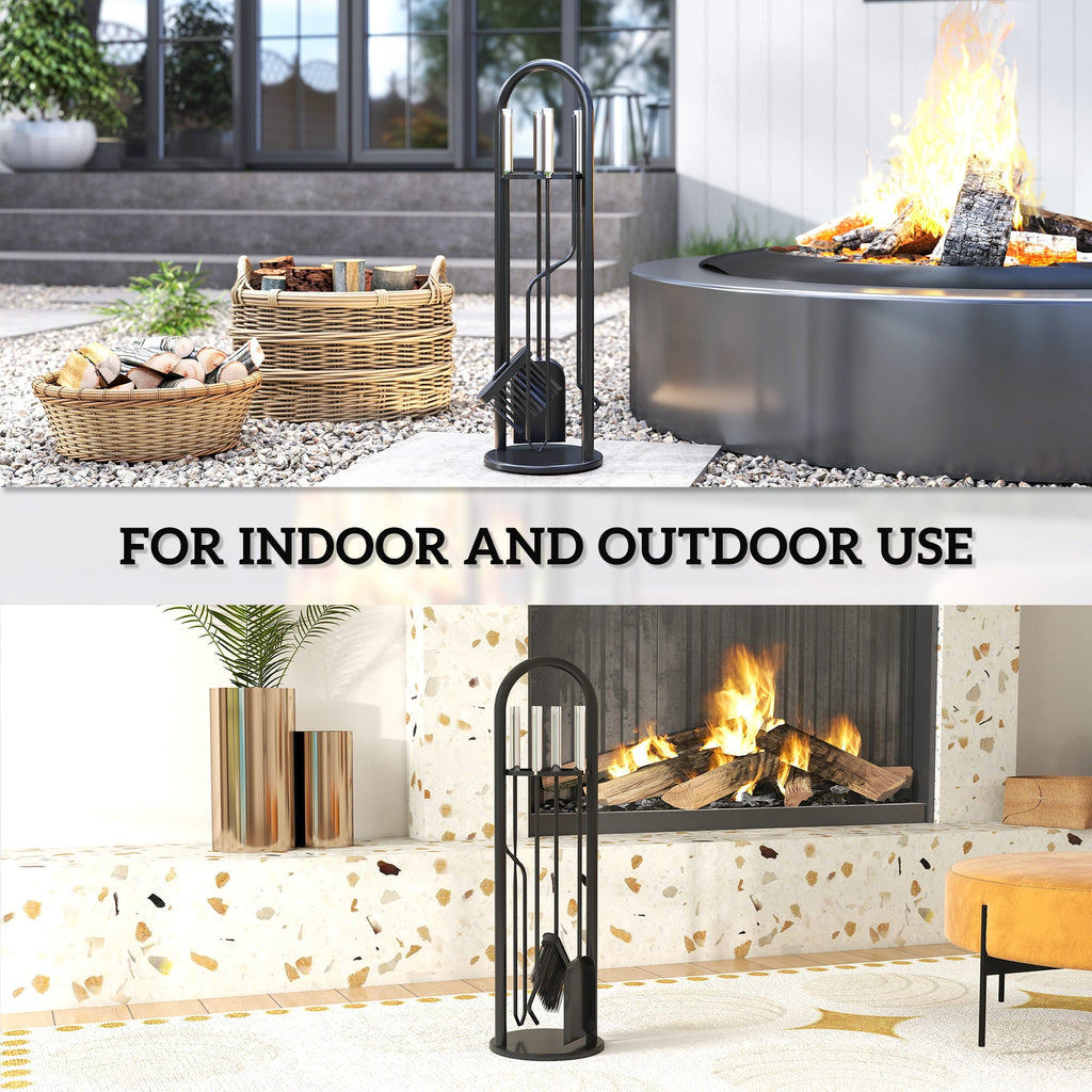 5 Piece Fireplace Tools Set, Metal Fireplace Accessories with Broom, Shovel, Poker, Tongs & Stand, Silver