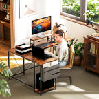 168cm Reversible L Shaped Desk, Industrial Corner Computer Desk with Adjustable Shelf and Storage Bag, 240cm 2 Person Desk with Monitor Stand, Rustic Brown