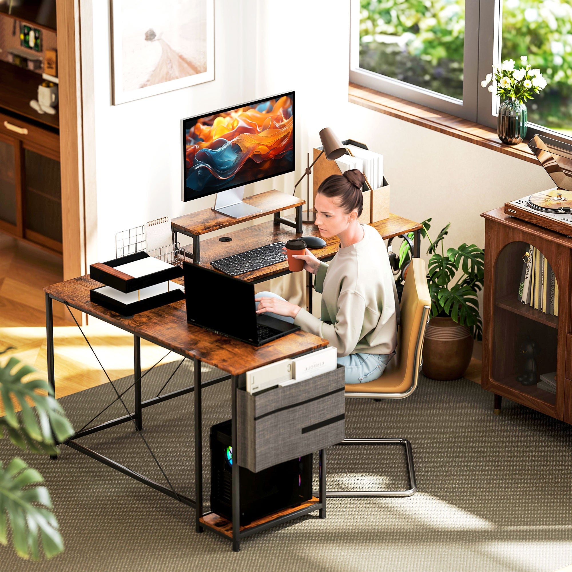 168cm Reversible L Shaped Desk, Industrial Corner Computer Desk with Adjustable Shelf and Storage Bag, 240cm 2 Person Desk with Monitor Stand, Rustic Brown