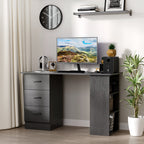 Computer Desk, Writing Table, PC Workstation with 3 Storage Shelves and Drawers, Black Handle, for Home Office, Black