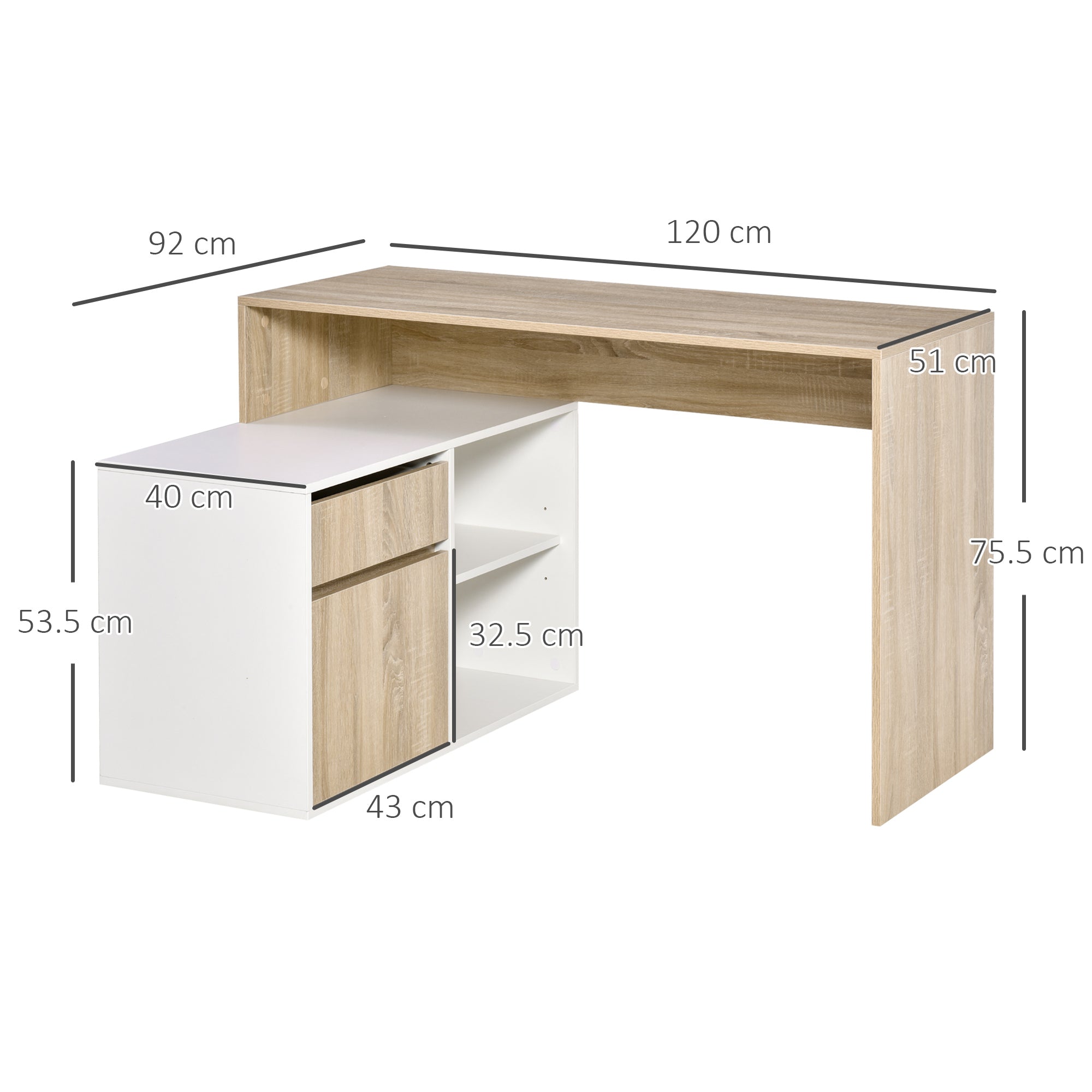L-Shaped Desk, Corner Computer Desk with Storage Drawer, Adjustable Shelf, Cabinet for Home Office and Study, 120 x 92 x 75cm, Oak and White
