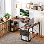 168cm Reversible L Shaped Desk, Industrial Corner Computer Desk with Adjustable Shelf and Storage Bag, 240cm 2 Person Desk with Monitor Stand, Rustic Brown
