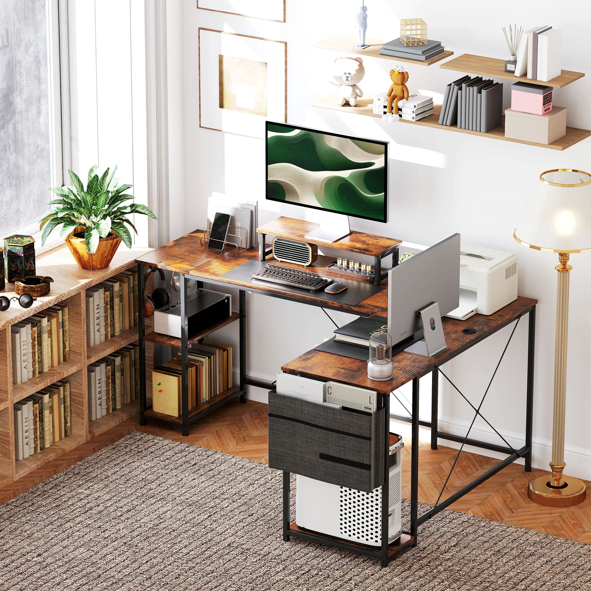 168cm Reversible L Shaped Desk, Industrial Corner Computer Desk with Adjustable Shelf and Storage Bag, 240cm 2 Person Desk with Monitor Stand, Rustic Brown
