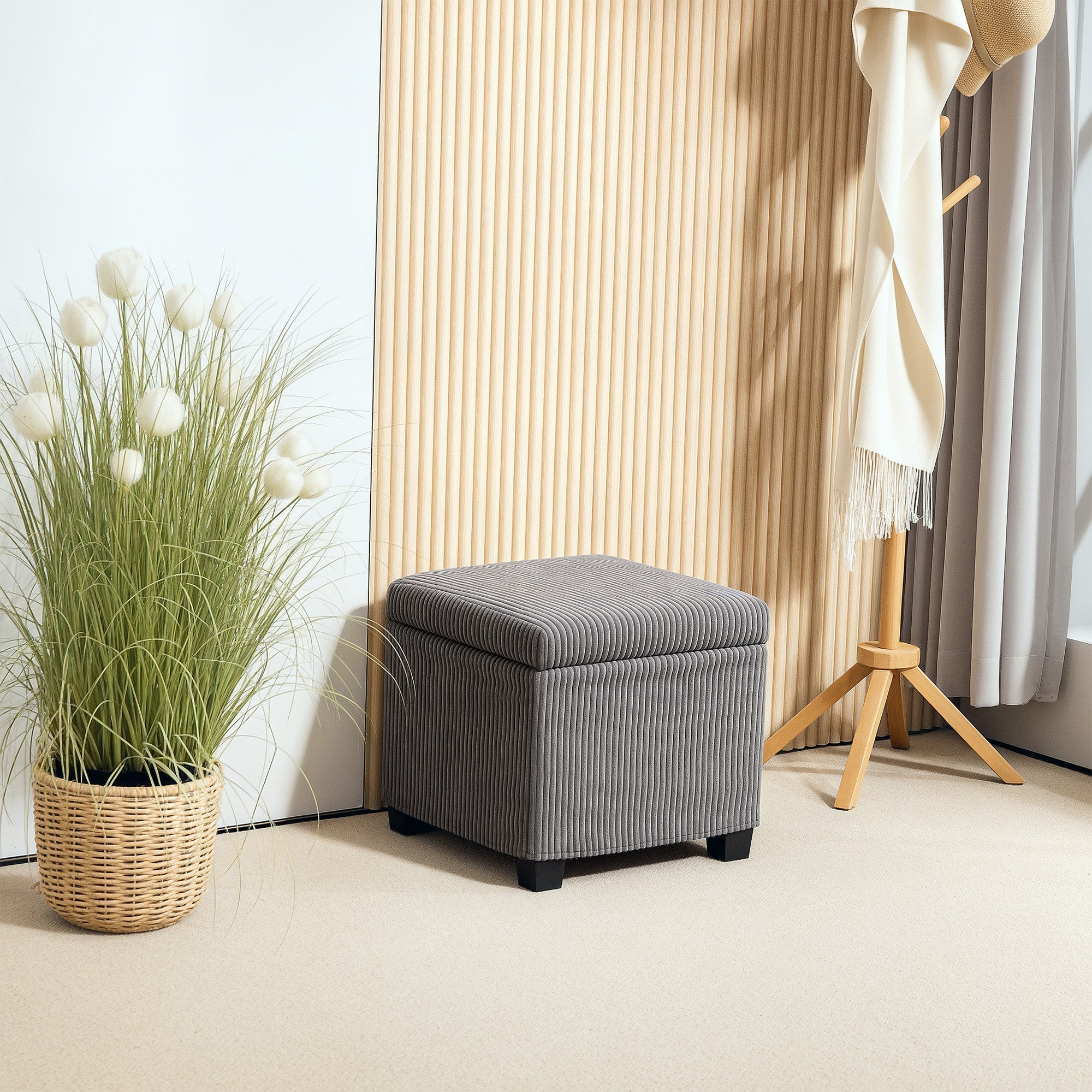 Storage Ottoman Bench, Corduroy Footstool with Removable Lid and Legs, Grey
