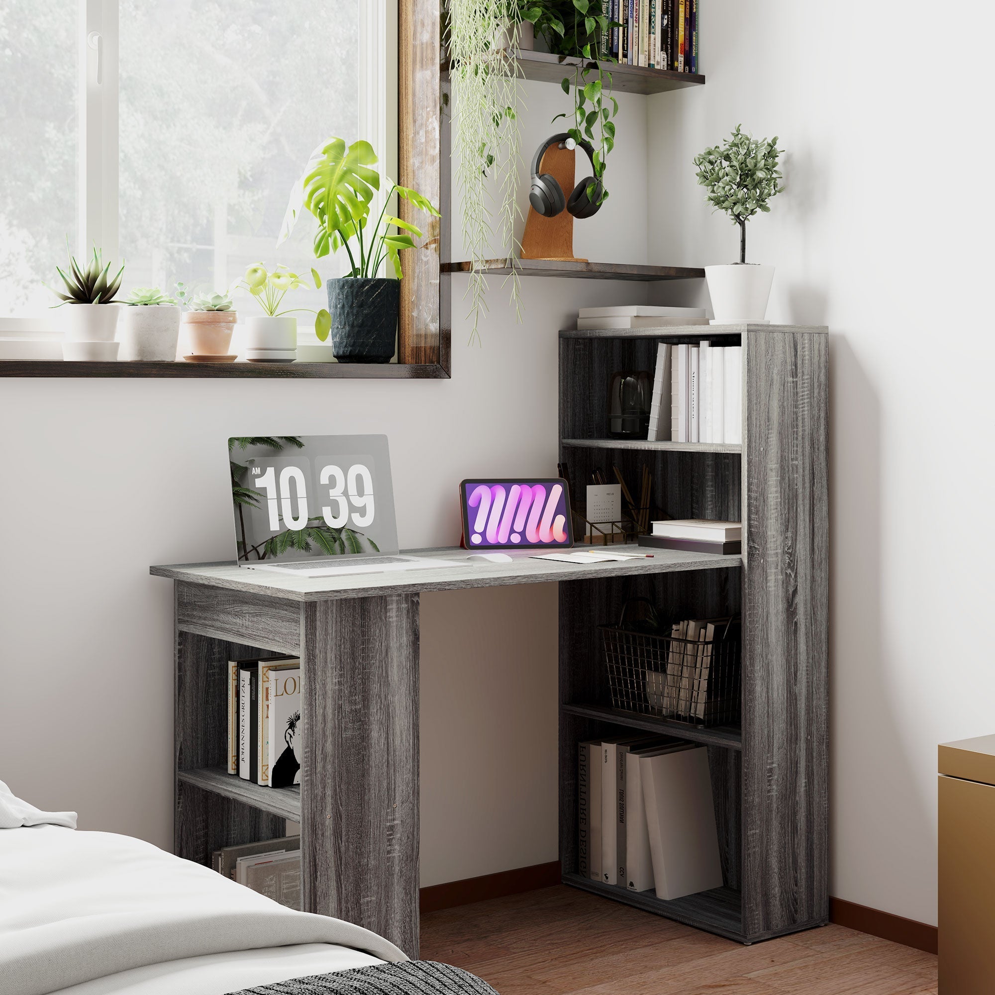 120cm Modern Computer Desk Bookshelf Study Table Workstation PC Laptop Writing Home Office 6 Shelves, Grey Wood-Effect