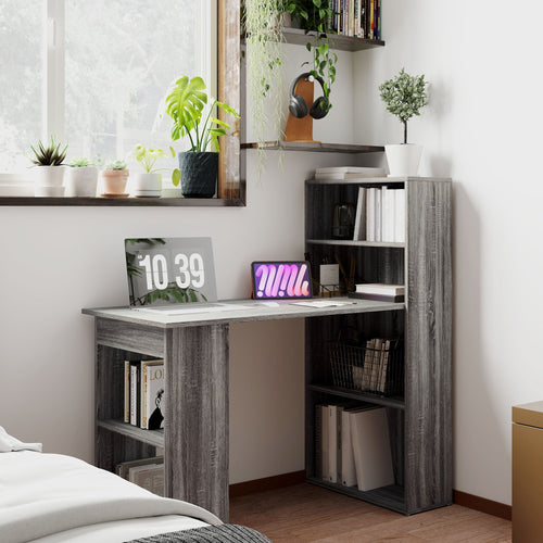 120cm Modern Computer Desk Bookshelf Study Table Workstation PC Laptop Writing Home Office 6 Shelves, Grey Wood-Effect