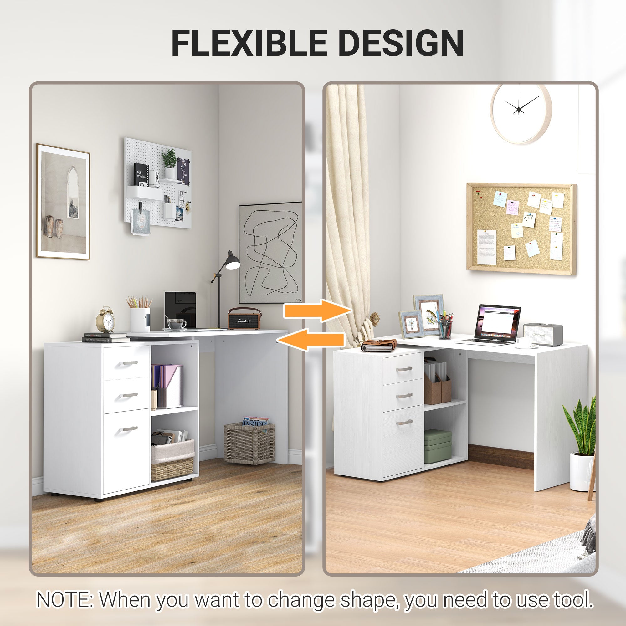 L Shaped Computer Desk, Reversible Home Office Desk with Drawers, File Cabinet and Storage Shelves, Study Table, 117 x 83.5 x 76cm, White