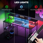 Computer Desk with Power Outlets and LED Lights, 120 x 50cm Reversible Home Office Desk with Monitor Stand and 2-Tier Storage Shelves, Gaming Desk with Cable Management, Black