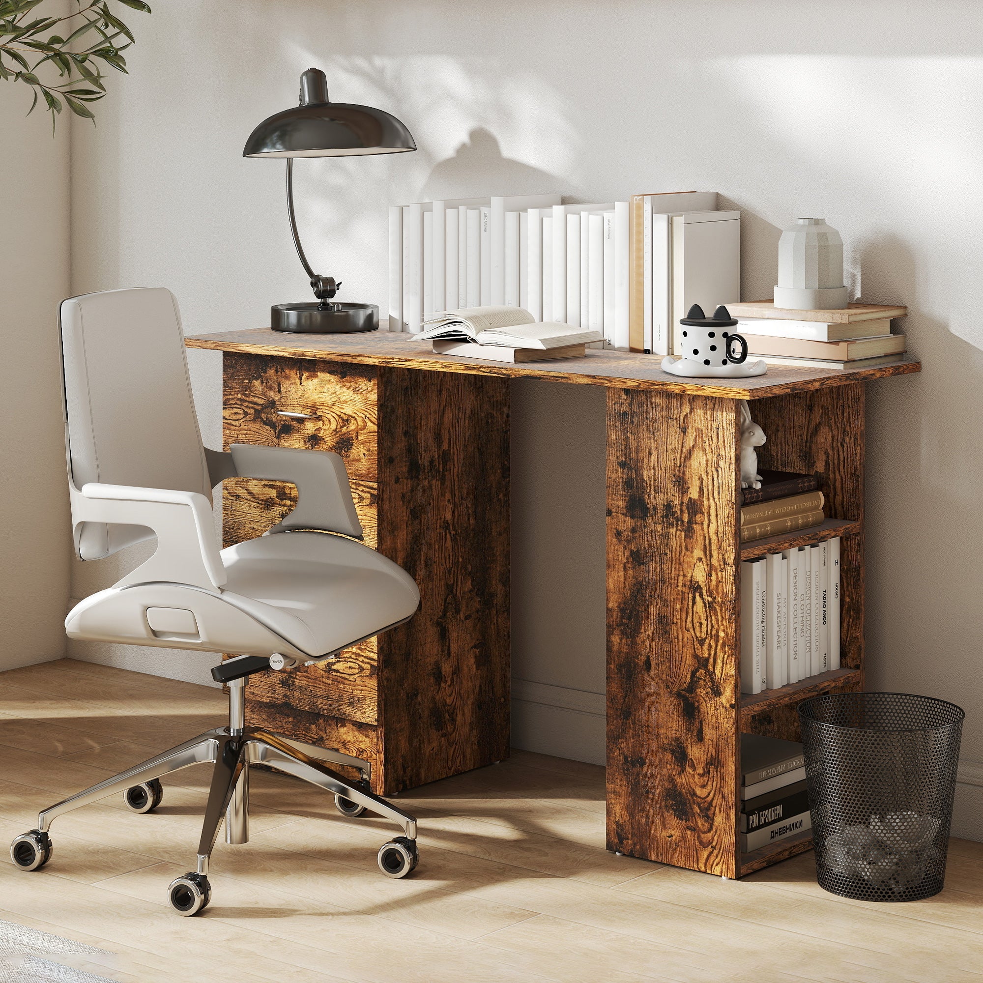 Computer Desk, Writing Table, PC Workstation with 3 Storage Shelves and Drawers, Silver Handle, for Home Office, Rustic Brown