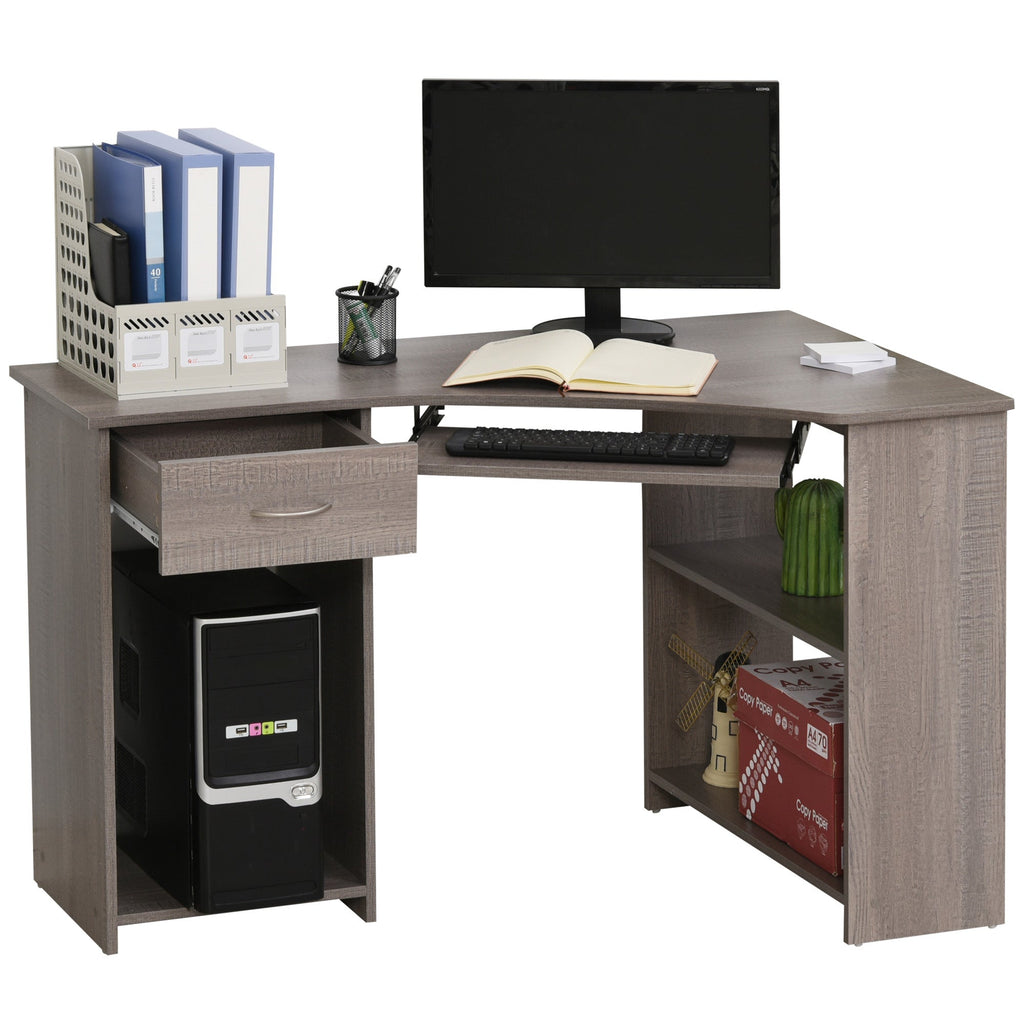 L-Shaped Corner Computer Desk with 2 Shelves, Wide Worktop, Keyboard Tray, Drawer and CPU Stand, Home Office Study Bedroom Furniture, Grey Grey