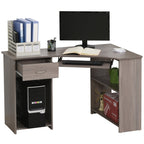 L-Shaped Corner Computer Desk with 2 Shelves, Wide Worktop, Keyboard Tray, Drawer and CPU Stand, Home Office Study Bedroom Furniture, Grey Grey