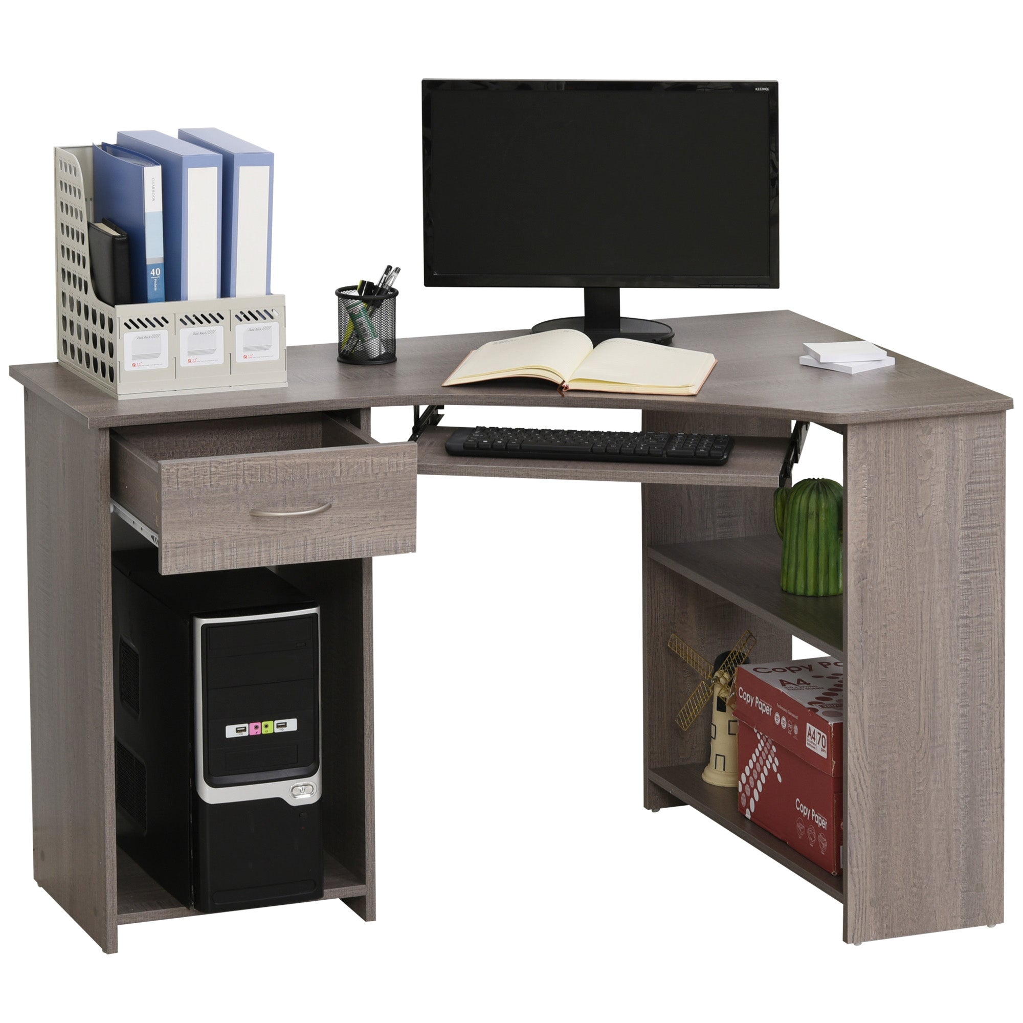 L-Shaped Corner Computer Desk with 2 Shelves, Wide Worktop, Keyboard Tray, Drawer and CPU Stand, Home Office Study Bedroom Furniture, Grey Grey