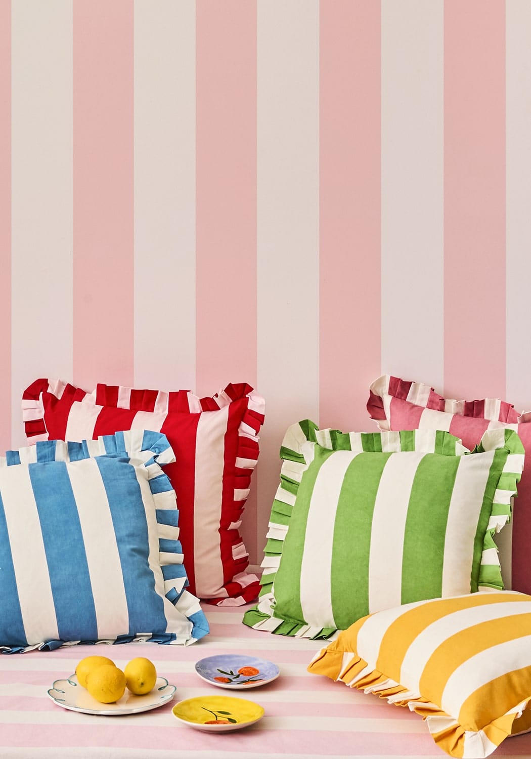 Blue and White Cabana Striped Ruffled Cushion Cover