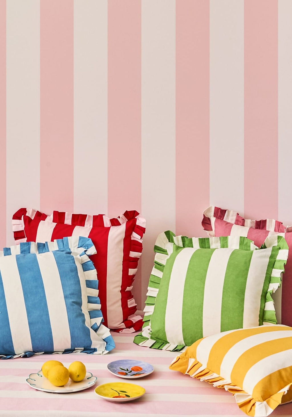 Pink Candy Cabana Stripe Ruffled Cushion Cover