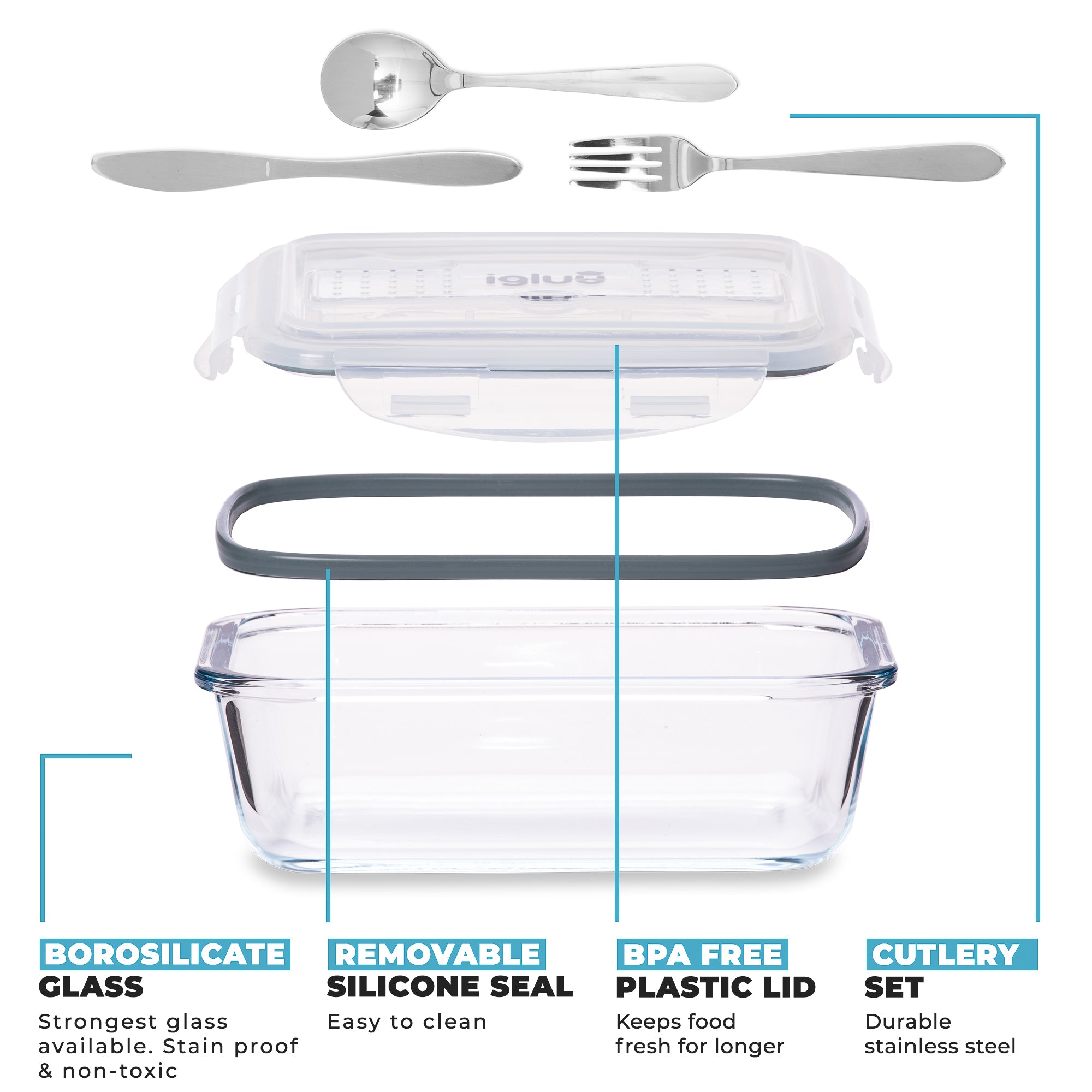 Glass Containers with Cutlery Lid - 1050 ml - 3 PACK