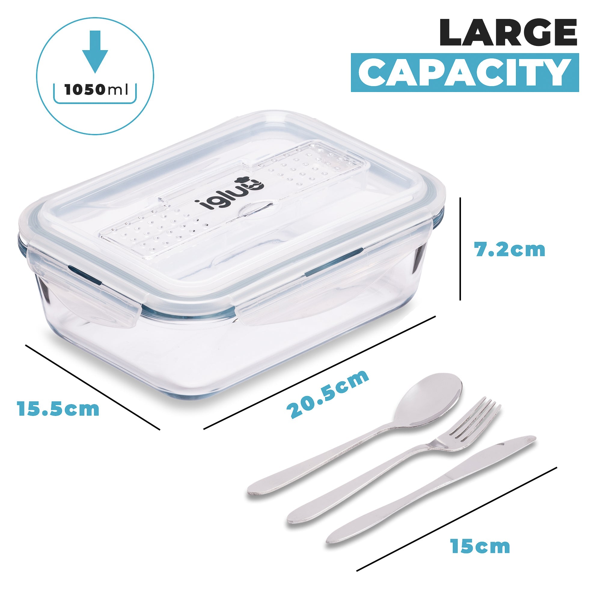 Glass Containers with Cutlery Lid - 1050 ml - 3 PACK