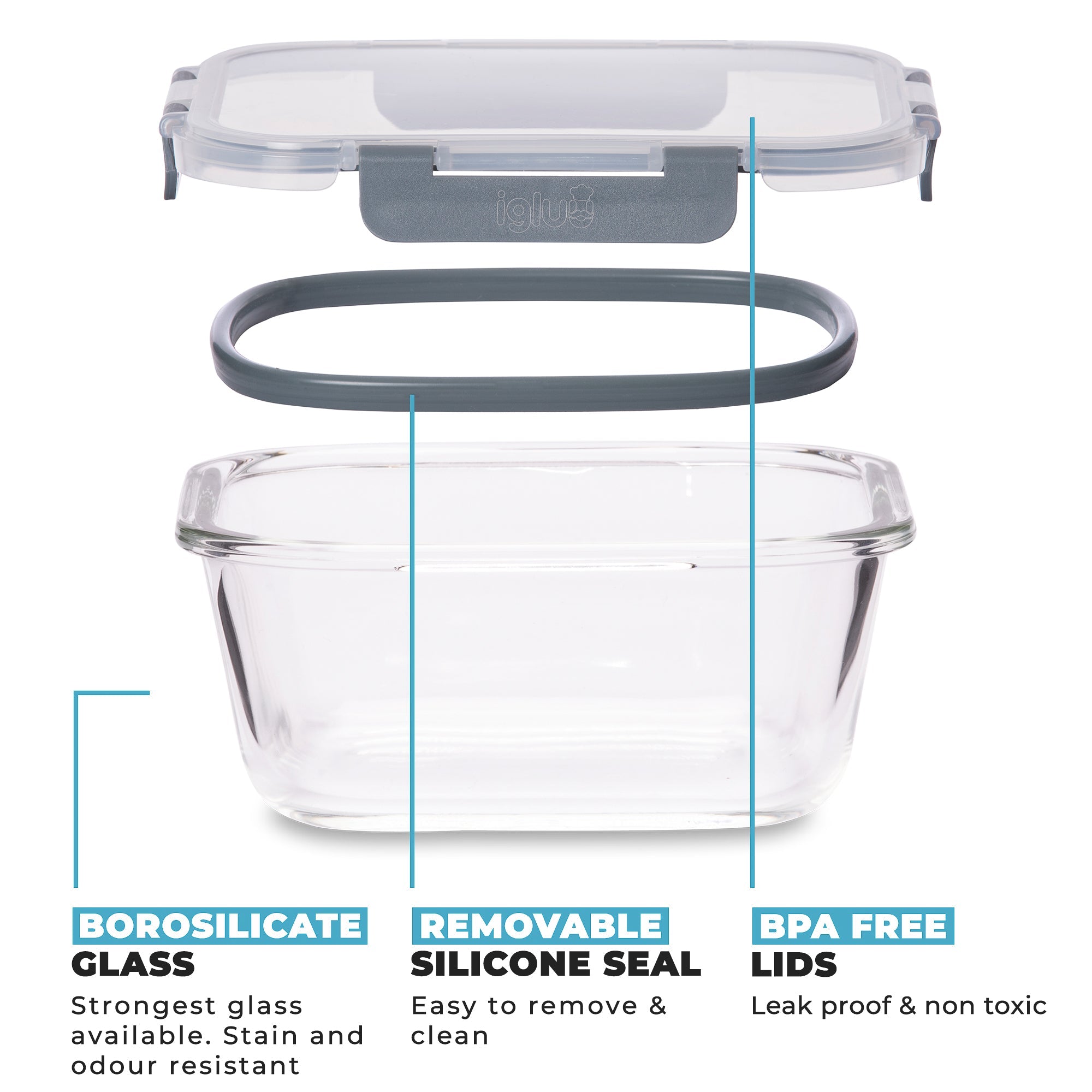 Glass Stackable Square Containers - 800ml 520ml & 320ml - 3 PACK
